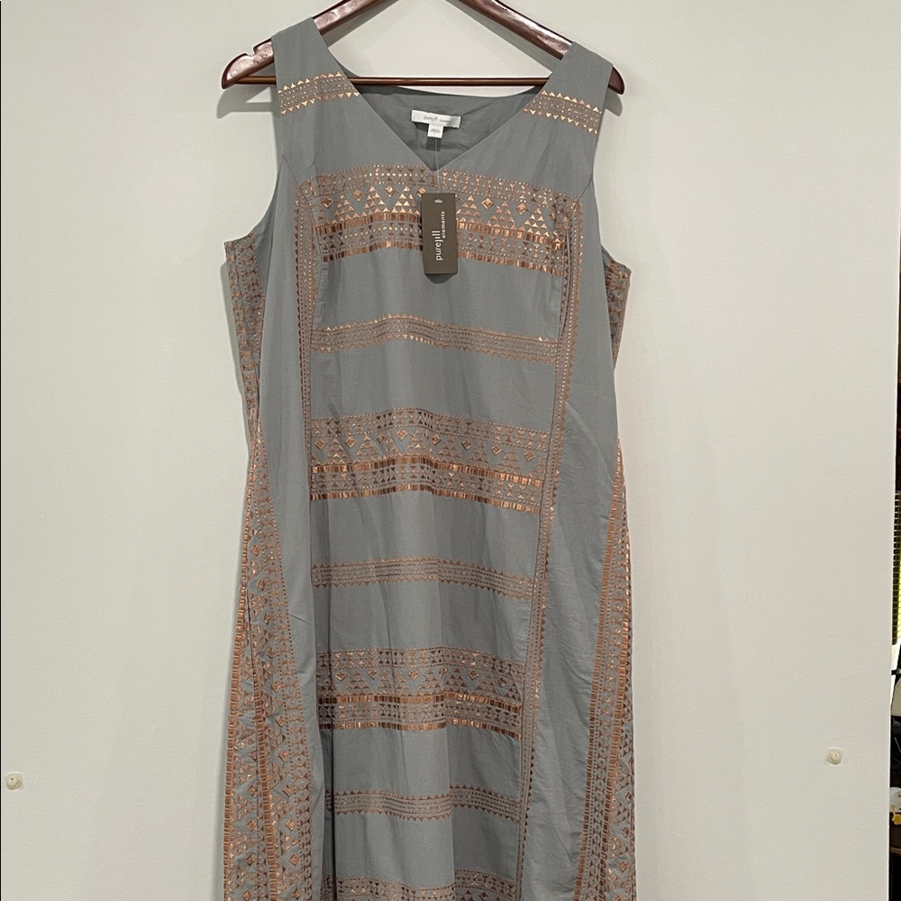 J. Jill Gray and Copper Embroidered Geometric Striped Midi Dress